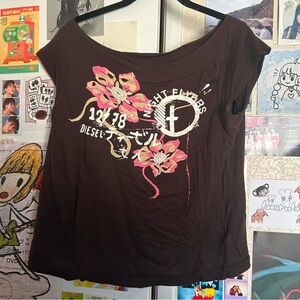 Diesel Dark Brown Tee with Pink and White Graphic
